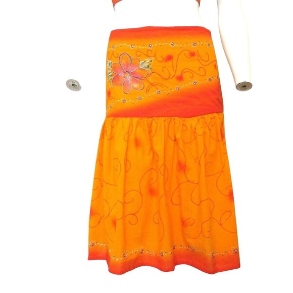 Madrid Hand Painted Drop Waist Skirt M Orange Gathered Knee Length Festival Mod - Picture 5 of 12
